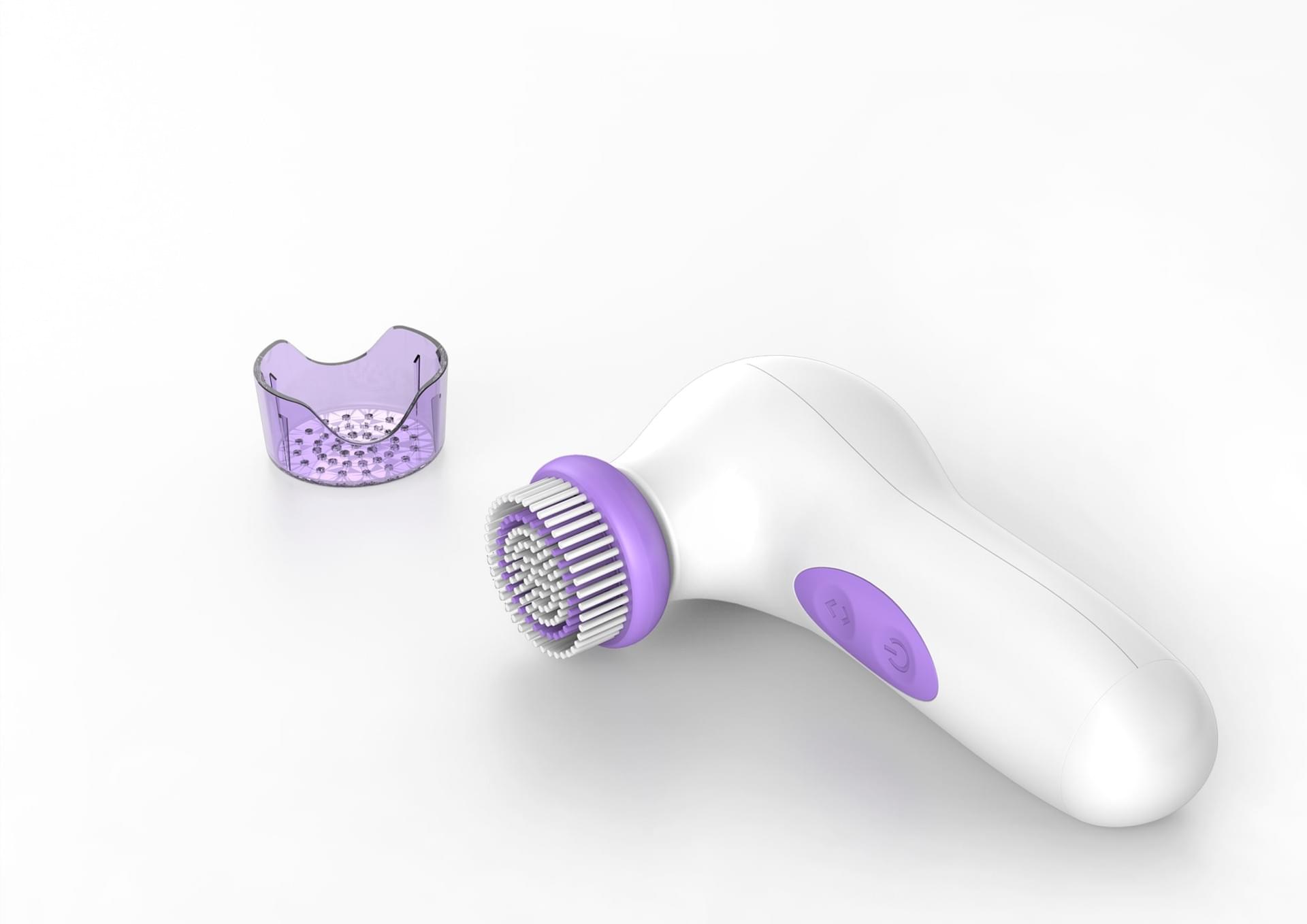 White and purple facial cleansing brush with protective cap